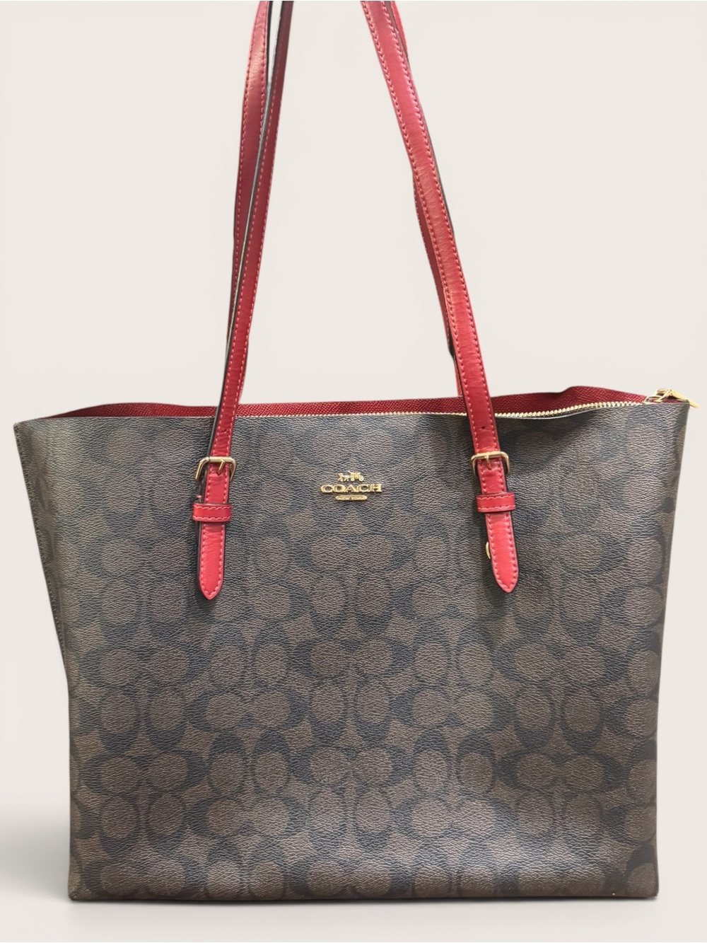Coach City Zip Tote Signature Canvas Brown Red Leather Gold Hardware F58292